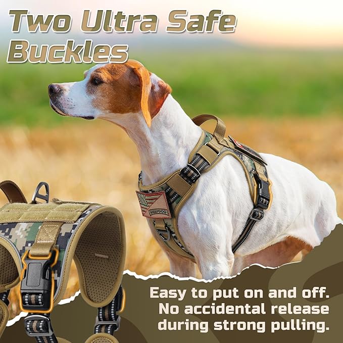 rabbitgoo Tactical Dog Harness for Large Dogs, No Pull Military Service Vest with Handle & Molle, Easy Control for Training Walking, Adjustable Reflective Straps, Brown camo, L