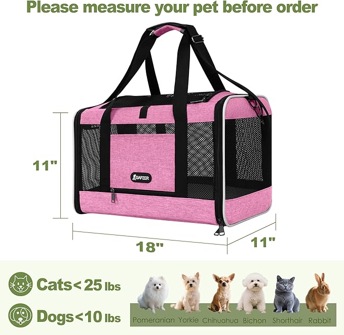 GAPZER Cat Carrier 18x11x11 Delta Airline Approved, Easy Load Soft Pet Plane Travel Bag 15 pounds, Teacup Dog Crate 12 lbs, Yorkie Kennel Carrying Case, Kitten Toy Poodle Mesh Cage up to 20lbs Pink