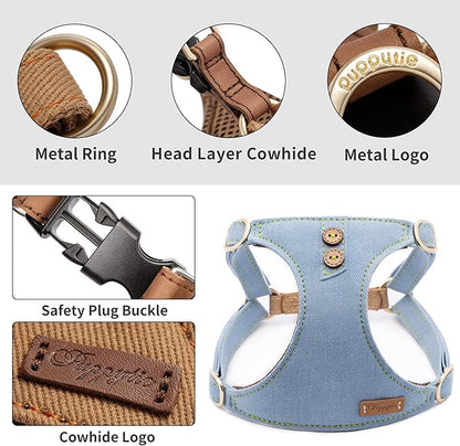 Dog Harness, No Pull Dogs Harness and Multi-Function Leash Set for Medium Dogs Easy Walk Everyday Adjustable Soft Dog Vest Harness Fashionable Dog Accessories Glacier Blue Button-Slim Large