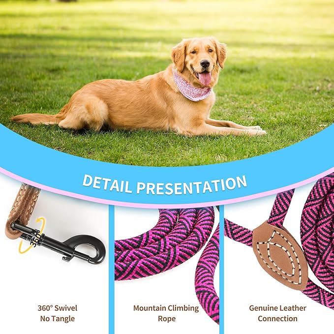 Mile High Life Short Leash for Large Dogs, Short Dog Rope Leash with Heavy Duty Metal Sturdy Clasp, Genuine Leather Tailored Connection(Hot Pink, 18 Inch)