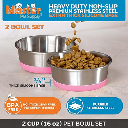 Master Pet Supply Stainless Steel Dog Bowls Set of 2 with Extra Thick Silicone Base - 2 Cup (16 oz) Hyper Pink, Non-Slip, Dishwasher Safe Metal Bowls, Pet Dog Food Bowl for Dogs, Cats, Anti Rust