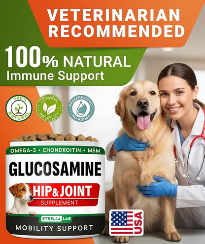 Glucosamine Treats for Dogs - Joint Supplement w/Omega-3 Fish Oil - Chondroitin, MSM - Advanced Mobility Chews - Joint Pain Relief - Hip & Joint Care - Chicken Flavor - 120 Ct - Made in USA