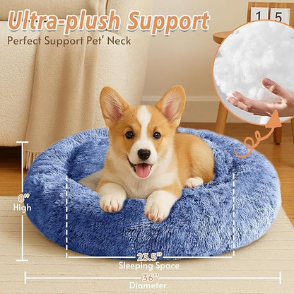 JOLLYVOGUE Calming Dog Bed Large Size Dog, Anti-Anxiety Donut Large Pet Bed, 36 inches Fluffy Faux Fur Round Cat Bed, Fits up to 75 lbs Pets (Navy Blue)