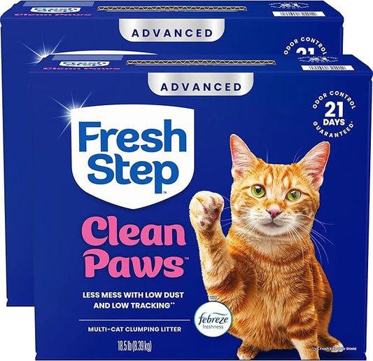 Fresh Step Clean Paws Advanced Multi Cat Clumping Litter with Febreze Freshness, 18.5 lb Each, Pack of 2 (Package May Vary)