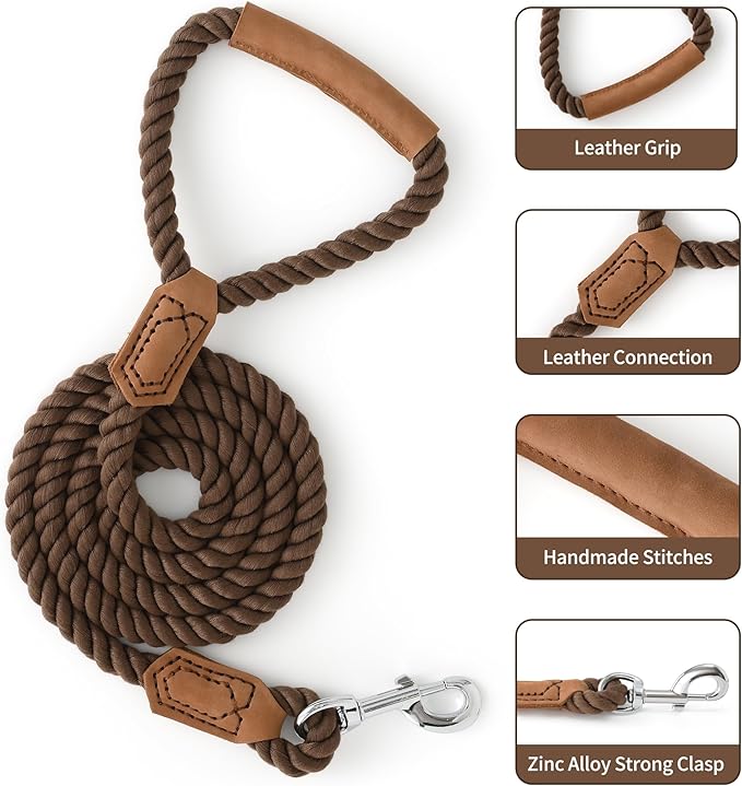 Mile High Life Dog Leash, Braided Cotton Rope Leashes with Leather Handle - Heavy Duty Metal Clasp, 6FT, 1/2" Thick - Wedding, Walking & Training Leash for Small Medium Large Dogs (Dark Brown)