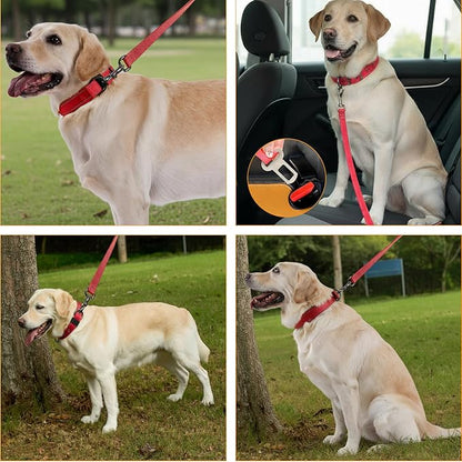 Annchwool Adjustable Dog Collar and 5 FT Leash Set with Heavy Duty Metal Buckle–Comfortable Lining Reflective Collar & Dual-Handles for Small Medium Large Dogs Walking,Running(Red Set,XL:22''-30'')
