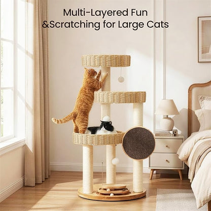 Solid Wood Cat Tree,Modern Cat Tower with Scratching Posts, Hand-Woven Beds & Toys | Heavy-Duty 20lbs Capacity,Indoor Cat Furniture for Big Cats