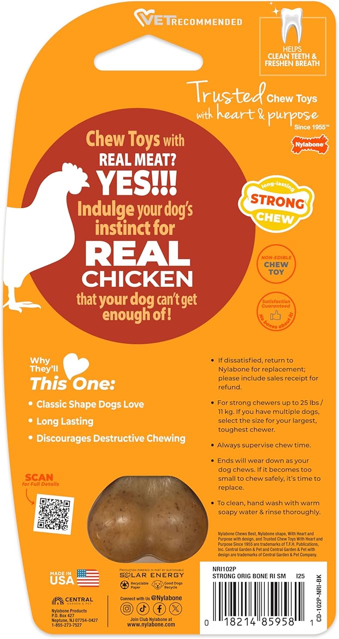 Nylabone Original Bone Strong Chew Toy for Dogs Made with Real Chicken, Durable Dog Chew Bones for Aggressive Chewers, Long-Lasting Flavor Keeps Dogs Busy, Small Dog Toys - Up to 25 lbs, 1 Count