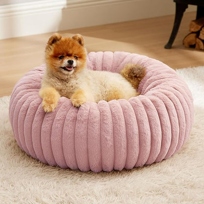 Bedsure ComfyFleece Donut Small Dog Bed - Dog Beds for Small Dogs with Corduroy Fleece & Anti Slip Bottom, Round Faux Fur Pet Beds with Washable Removable Cover, Blush Pink, 23x23x7 inches