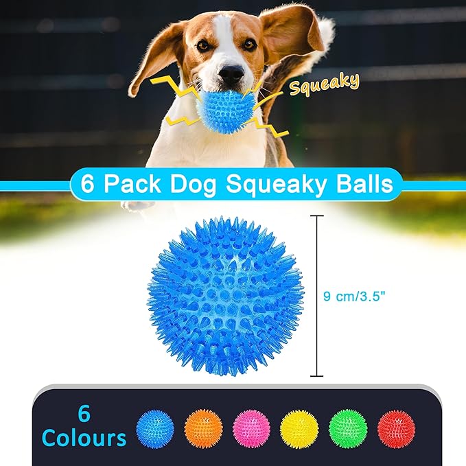 Ousiya 3.5” Squeaky Dog Toy Balls (6 Colors) Dog Toys Spikey Dogs Ball for Aggressive Chewers Heavy Duty Teething Large Medium Durable Dogs Balls