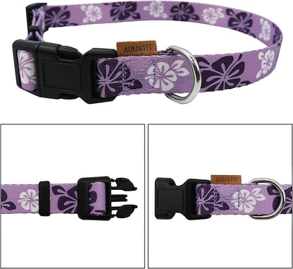 Dog Collar, Cute Floral Pattern, Soft and Adjustable Collar with Quick Release Buckle (L (Neck 16-28", Width 1"), Hawaiian Purple)