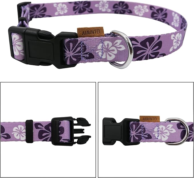 Dog Collar, Cute Floral Pattern, Soft and Adjustable Collar with Quick Release Buckle (M (Neck 14-24", Width 3/4"), Hawaiian Purple)