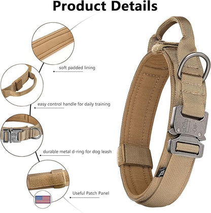 DAGANXI Tactical Dog Collar, Adjustable Military Training Nylon Dog Collar with Control Handle and Heavy Metal Buckle for Medium and Large Dogs, with Patches and Airtags Case (XXL, Brown)
