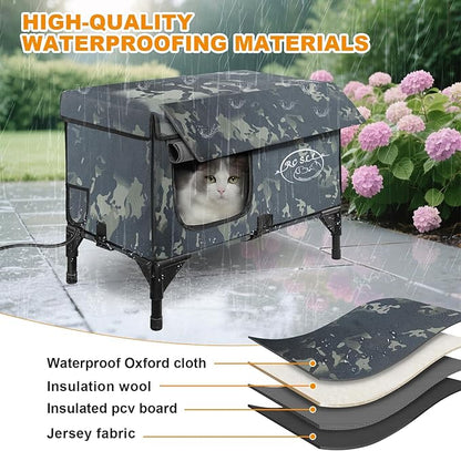 Large Heated Cat House for Outside 21x17x17 in, 100% Waterproof Elevated Base, Insulated Outdoor Cat Shelter with Heater for Feral Barn Cat, Safe Two-Way Escape Door