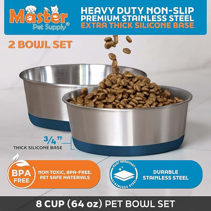 Master Pet Supply Stainless Steel Dog Bowls Set of 2 with Extra Thick Silicone Base - 8 Cup (64 oz) Navy Blue, Non-Slip, Dishwasher Safe Metal Bowls, Pet Dog Food Bowl for Dogs, Cats, Anti Rust