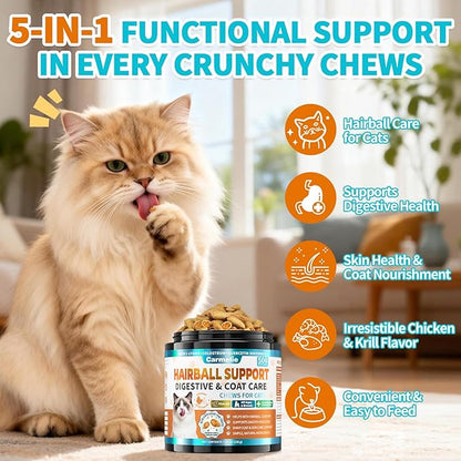 Cat Hairball Support Chews – 500 Crunchy & Creamy Texture Hairball Treats for Cats – Texture Indoor Feline Digestion Formula, Hairball Control & Cat Digestion Support, Chicken & Krill Flavor