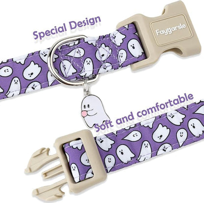 Faygarsle Halloween Dog Collar with Charm, Purple with Ghost Pattern, for Small Medium Large Dogs S