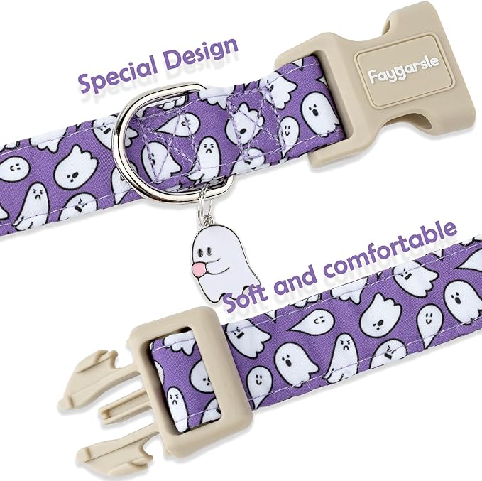 Faygarsle Halloween Dog Collar with Charm, Purple with Ghost Pattern, for Small Medium Large Dogs L