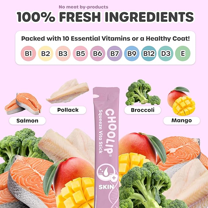Choolip Squeeze Vita Stick Lickable Cat and Dog Treats, 7-Count Skin and Coat Support, Salmon and Pollack with Biotin and Omega-3, Vet-Formulated