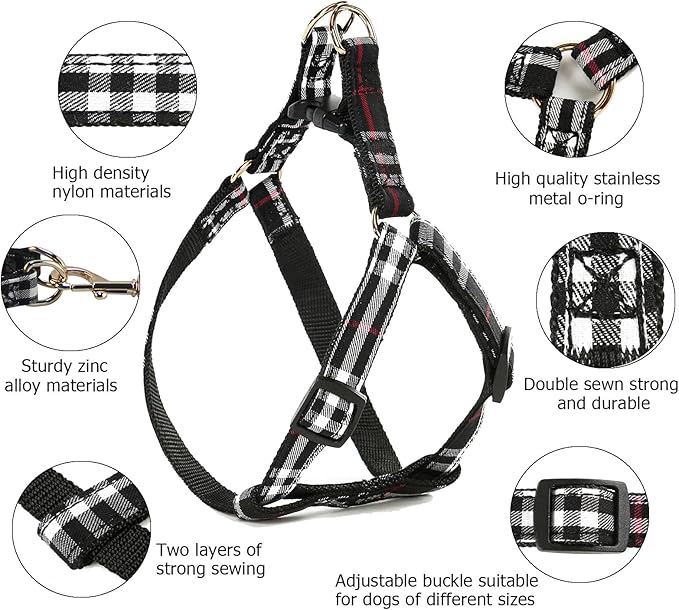 NISIYE Cute Plaid Dog Collar Harness and Leash with Safety Buckle - Adjustable and No Pull Comfortable Dog Collars for Small Puppy, Stylish Durable Gift for Boy Girl Pets