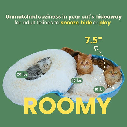 CATTASAURUS Peekaboo Cat Cave for Multiple & Large Cats Up to 30-45 Lbs, Fluffy Cat Beds for Indoor Cats, Scratch Detachable & Washable Tunnel Bed, Comfy Donut Cave (Blue, Large (Calming))