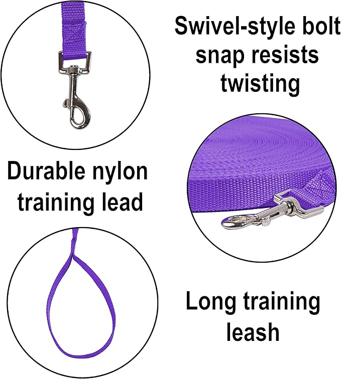 Hi Kiss Dog/Puppy Obedience Recall Training Agility Lead - 15ft 20ft 30ft 50ft 100ft Training Leash - Great for Training, Play, Camping, or Backyard Purple 50 Feet