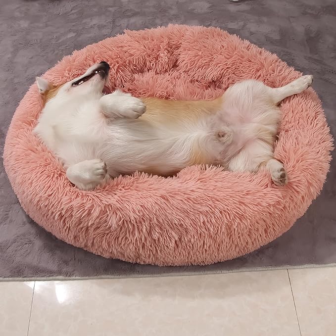 Calming Dog Bed for Medium Dogs Washable Donut 30 inches Anti-Slip Pet Bed,Round Fluffy Plush Faux Fur Cat Bed,Fits up to 45 lbs Pets,Pink