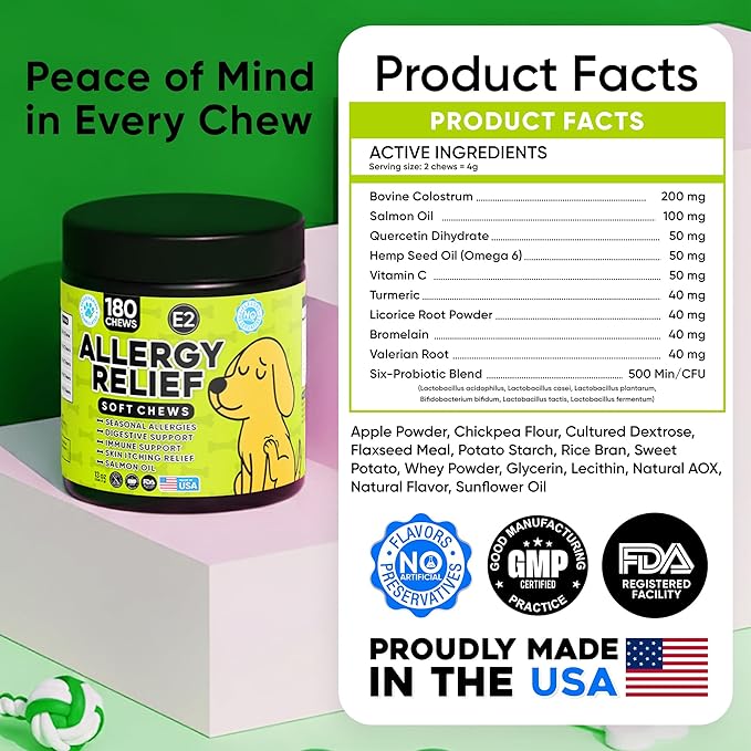 Dog Allergy Relief Chews – Anti Itch for Dogs with Colostrum & Salmon Oil – Reduces Paw Licking & Hot Spots – Omega 3 Fish Oil - Dry Skin & Coat Supplement for a Happy, Healthy Pup - 180 Count