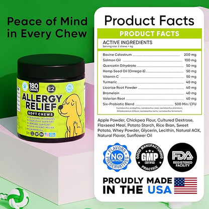 Dog Allergy Relief Chews – Anti Itch for Dogs with Colostrum & Salmon Oil – Reduces Paw Licking & Hot Spots – Omega 3 Fish Oil - Dry Skin & Coat Supplement for a Happy, Healthy Pup - 180 Count