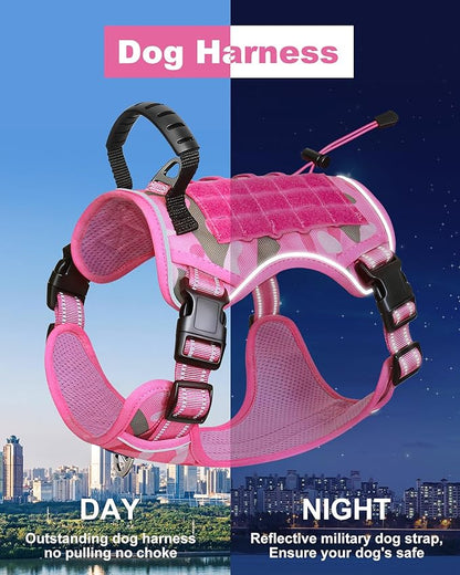 Hotsky Tactical Dog Harness No Pull，Adjustable Service Dog Vest Reflective Military Pet Harness with Control Handle Molle Loop Panels for Training Walking Running(Pink Camo, XL)