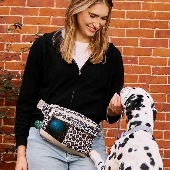 Cleverpup, Dog Walk & Train Sling Bag - Hands-Free 2-In-1 Treat Pouch, Poop Bag Holder, Clicker, Phone Pocket - Crossbody/Fanny Pack, Adjustable Strap - Leopard