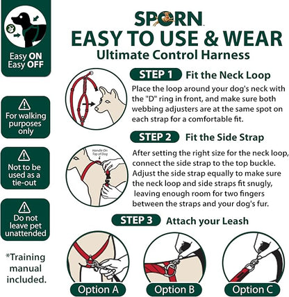 SPORN Ultimate Control No Pull Dog Harness for Medium-Sized Dogs - 4-in-1 Adjustable Dog Harness with Front, Back & Dual-Clip Options & Emergency Grab Handle - Easy On/Off, Padded Comfort (Black, M)