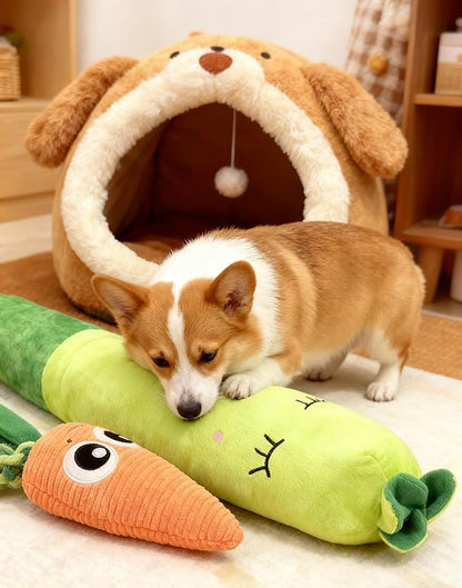 Plush Dog Toy, Carrot Squeaky Toy for All Breeds Pets, Green Polyester Blend, Large Size with Cute Design, Large&Small Interactive Pet Play Toy (Green, Large&Small)