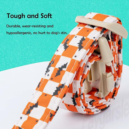 Faygarsle Halloween Dog Collar with Charm, Orange and White Checkered with Bats Pattern,for Small Medium Large Dogs XS