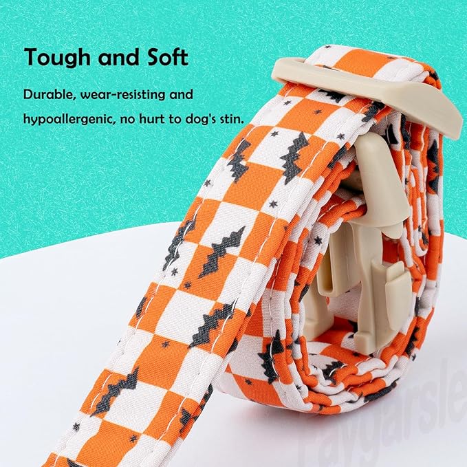 Faygarsle Halloween Dog Collar with Charm, Orange and White Checkered with Bats Pattern,for Small Medium Large Dogs L