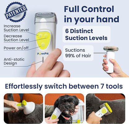 PAWSPIK Professional Dog Grooming Vacuum Kit, Dogs & Cats, Direct Handheld Control, 7 Grooming Tools, Deshedding and Dematting for Grooming, Large 2.2L Dust Bin, UL, HEPA Filter