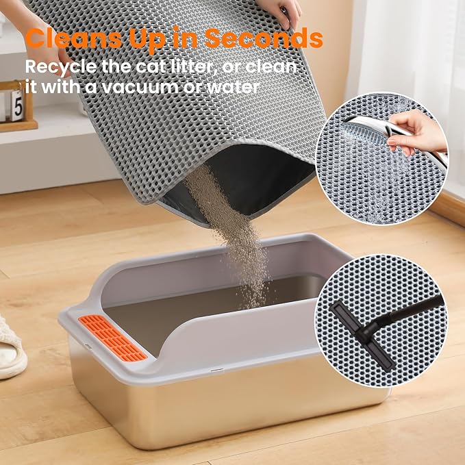 Petinstinct Extra Large Cat Litter Mat, 30x22 Inches Honeycomb Double Layer Cat Litter Trapping Mat, Non Slip Waterproof Urine Proof Large Kitty Litter Box Mat for Floor, Kitten Supplies, XL, Gray
