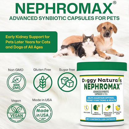 NEPHROMAX™ Synbiotic Capsules for Kidney Support for Dogs & Cats (120 Small Capsules) - Advanced Next-Generation Enteric detoxifying Blend of Pre & Probiotics Kidney Support U.S.A (120 Caps)