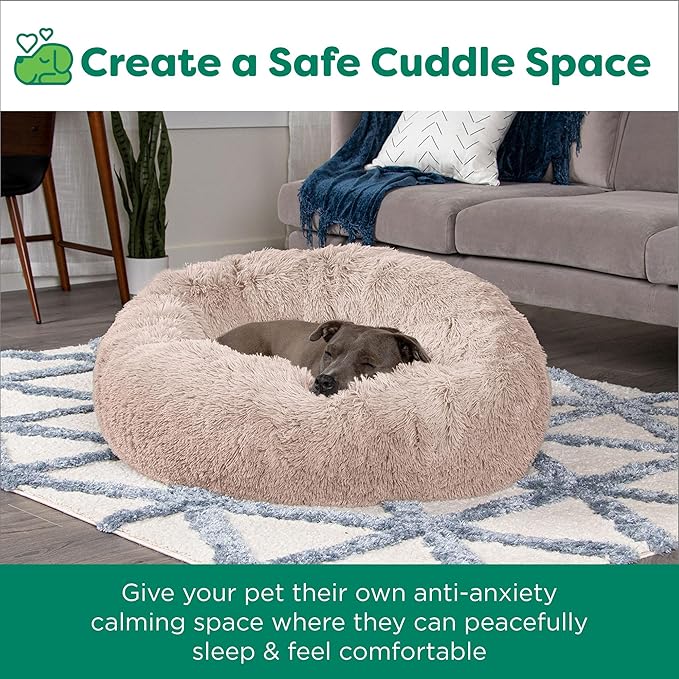 Furhaven 36" Round Calming Donut Dog Bed for Large/Medium Dogs, Refillable w/ Removable Washable Cover, For Dogs Up to 75 lbs - Shaggy Plush Long Faux Fur Donut Bed - Taupe, Large