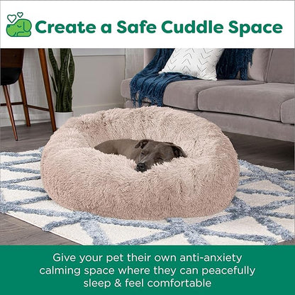 Furhaven 36" Round Calming Donut Dog Bed for Large/Medium Dogs, Refillable w/ Removable Washable Cover, For Dogs Up to 75 lbs - Shaggy Plush Long Faux Fur Donut Bed - Taupe, Large