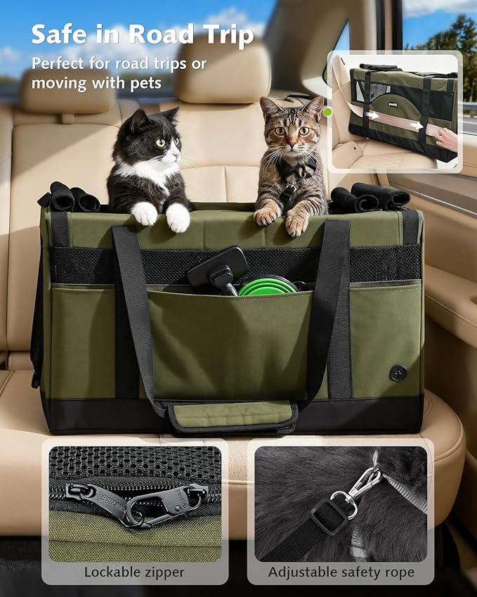 Pecute Large Cat Carrier for 2 Cats Built-in Steel Frame & Removable Divider,Pet Carrier for Car Travel,Foldable Dog Crate,Soft Double Cat Crate with Breathable Mesh,Vet,Green