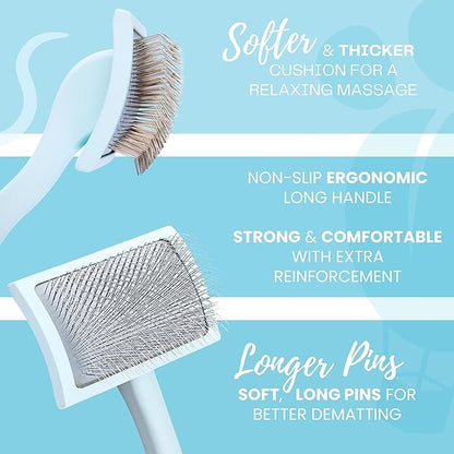 Pet Slicker Brush With Soft Massage Grooming Stainless Steel Pins - For Dematting, Shedding Fur, and Undercoat - Ideal Gift for Professional Pet Groomers - Long Slicker Brush (Blue, Curved Medium)