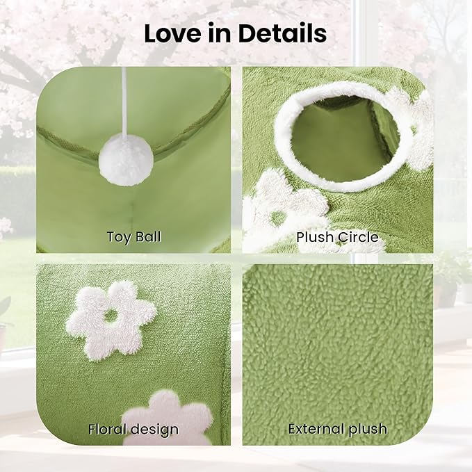 Tempcore Flannel Pet Cat Tunnel Tube Cat Toys 3 Way Collapsible, Cat Tunnels for Indoor Cats，Kitty Tunnel Bored Pet Toys Peek Hole Toy Ball Puppy, Kitty, Kitten, Rabbit Daisy Green