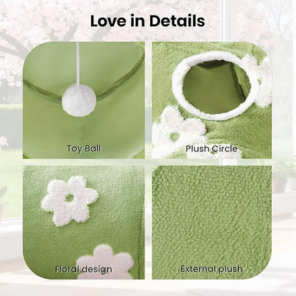 Tempcore Flannel Pet Cat Tunnel Tube Cat Toys 3 Way Collapsible, Cat Tunnels for Indoor Cats，Kitty Tunnel Bored Pet Toys Peek Hole Toy Ball Puppy, Kitty, Kitten, Rabbit Daisy Green