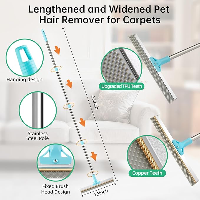 Carpet Rake for Pet Hair Removal Tool, 2 in 1 TPU and Copper Rake Teeth Uproot Clean Hair Remover with 63’’ Adjustable Long Handle, Reusable Cat & Dog Fur Broom for Carpets,Rugs, Mats