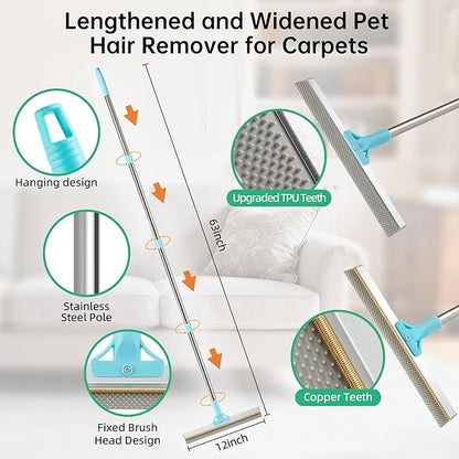 Carpet Rake for Pet Hair Removal Tool, 2 in 1 TPU and Copper Rake Teeth Uproot Clean Hair Remover with 63’’ Adjustable Long Handle, Reusable Cat & Dog Fur Broom for Carpets,Rugs, Mats