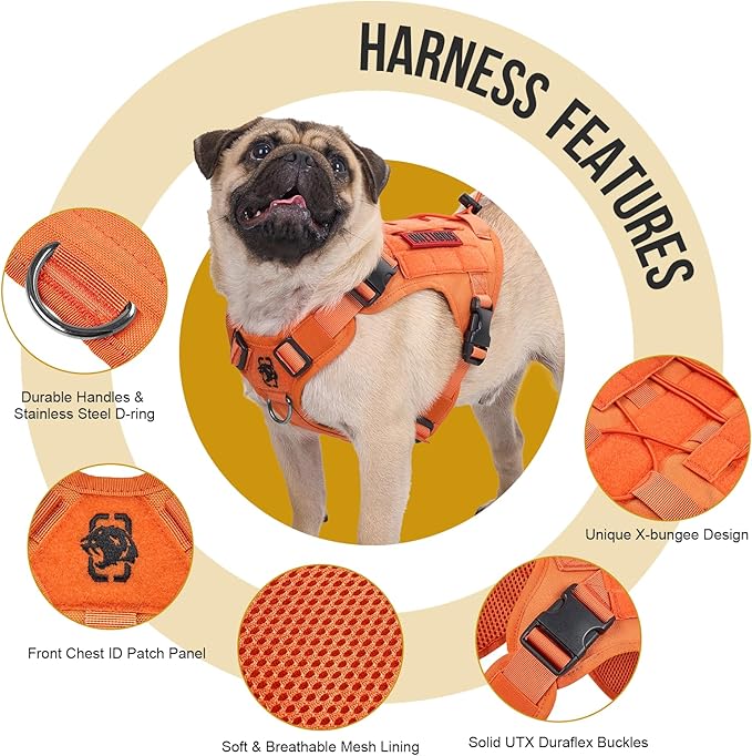 OneTigris Tactical Dog Harness Vest,No-Pull Service Dog Vest with Hook & Loop Panels,Adjustable Dog Vest Harness for Walking Hiking Training(Orange,M)