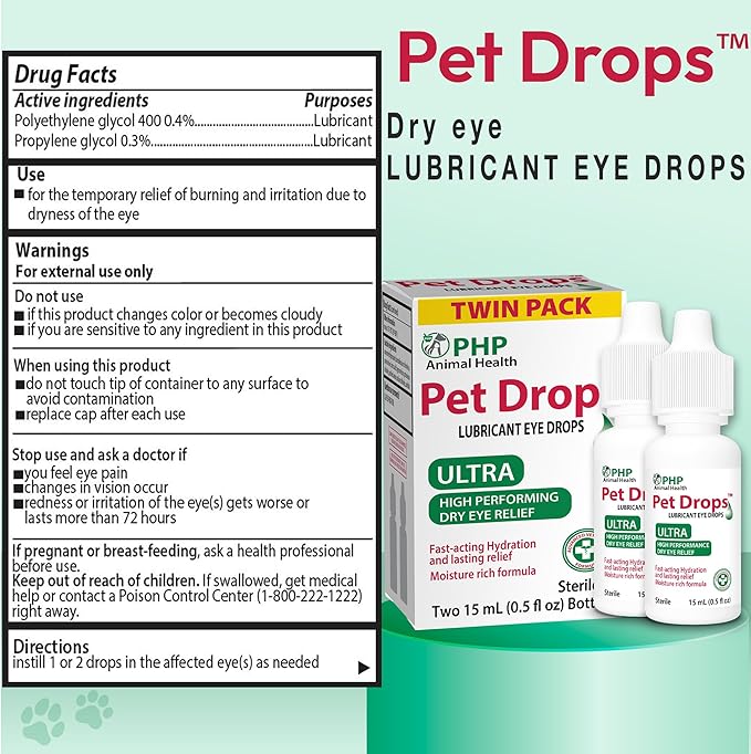 Pet Drops Ultra Lubricant Eye Drops for Dogs and Cats, Moisture Rich Formula, Fast Acting Hydration, Dogs Eye Drop for Dry Eyes, Artificial Tears for Extra Dry Eye, Twin Pack, 15-mL Each (30 ml) U.S.A