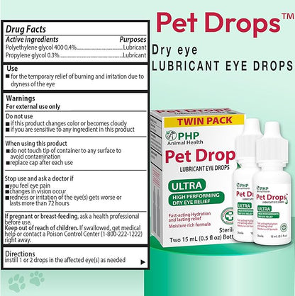 Pet Drops Ultra Lubricant Eye Drops for Dogs and Cats, Moisture Rich Formula, Fast Acting Hydration, Dogs Eye Drop for Dry Eyes, Artificial Tears for Extra Dry Eye, Twin Pack, 15-mL Each (30 ml) U.S.A