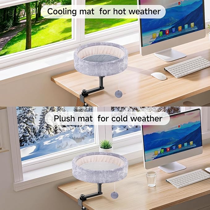 Chumajor Cat Desk Bed - 360° Rotating & Adjustable, Supports 44 lbs, Soft Faux Fur with Dual-Sided Reversible Mat, Modern Indoor Cat Nest Furniture for Office Desks and Game Tables, Island Table